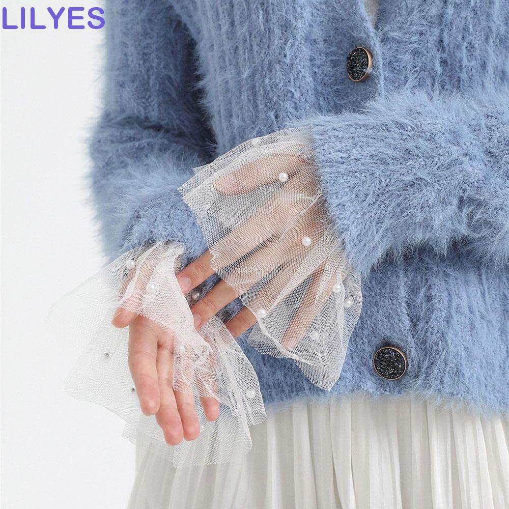 Lilyes 1 Cặp Áo Cánh Tay Loe Giả Xếp Ly Vải Voan Phối Lưới Ren Giữ Ấm Có Thể Tháo Rời