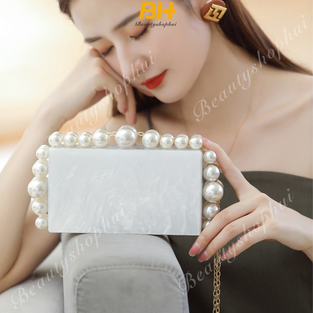 Túi Đeo Chéo Hình Vuông Nhỏ Bằng Acrylic Màu Trắng Đính Ngọc Trai Thời Trang Hàng Mới 2023