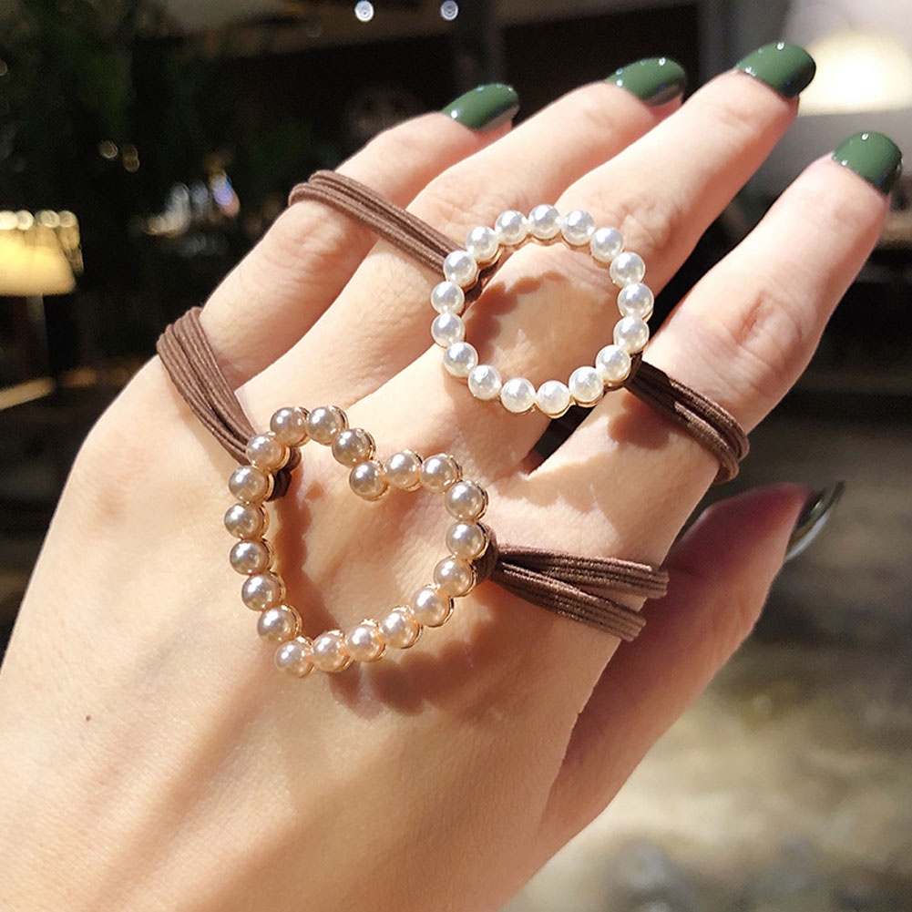 Dây Cột Tóc Đuôi Ngựa Cao Su Đính Hạt Ngọc Trai Rỗng Hình Trái Tim