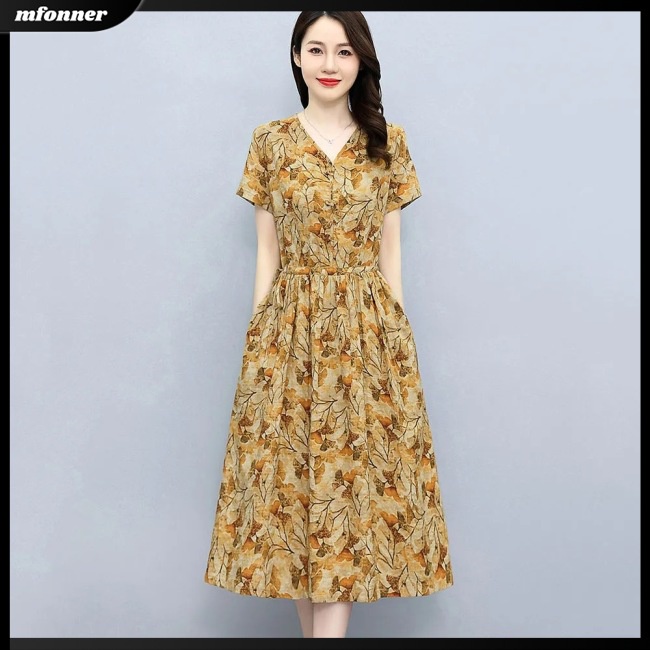 Đầm Midi Chữ A Tay Ngắn Cổ Chữ V In Họa Tiết Hoa Thanh Lịch Dành Cho Nữ