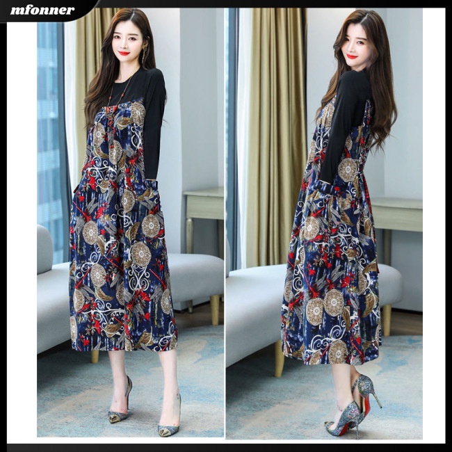 Đầm DàI Tay Cổ TròN, In HọA TiếT Hoa DàNh Cho Nữ