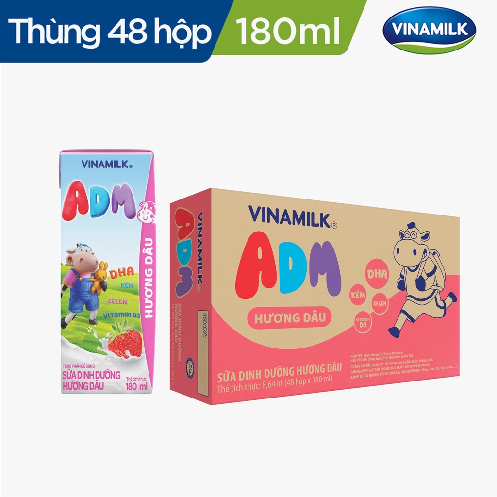 Thùng 48 Hộp sữa tiệt trùng Vinamilk ADM Gold IQ Hương dâu 180ml