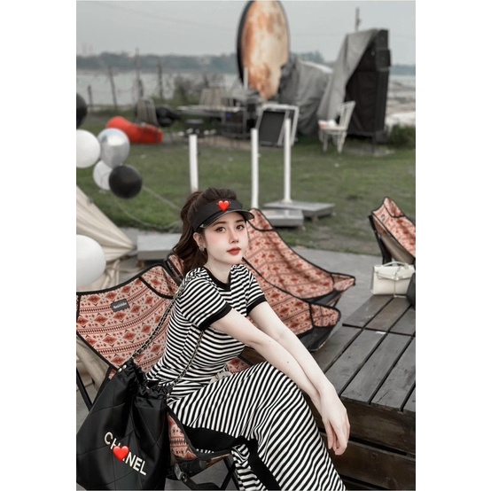 Set Đầm Sọc Bút Chì Dây Thừng Áo Croptop Tay Ngắn Viền alohashop91