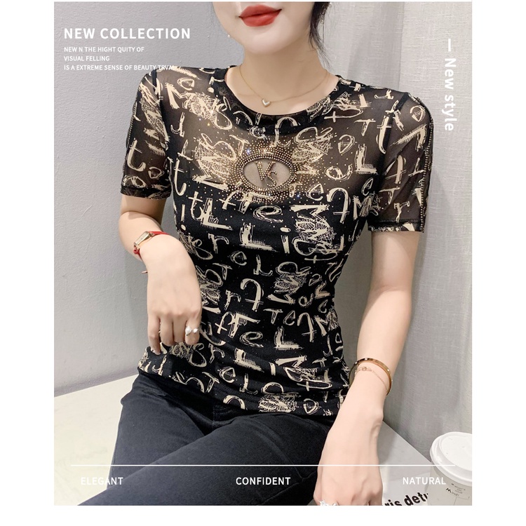 Áo Ngắn Tay Ôm Dáng Đính Kim Cương Khoét Rỗng Gợi Cảm Mùa Hè Châu Âu Cho Nữ @ -