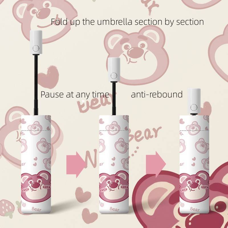 Dù Gấp 3 Khúc Tự Động Chống Tia UV Chống Nắng Mưa Hình Gấu Dâu Tây