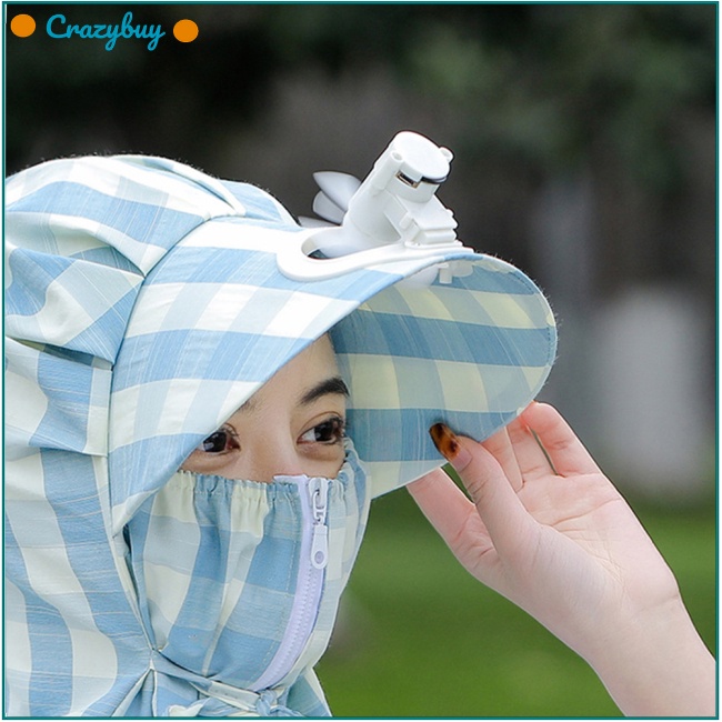 Cr Mũ Chống Nắng Chống Gió Bảo Vệ Mặt Và Cổ Họa Tiết Kẻ Sọc Kèm Quạt