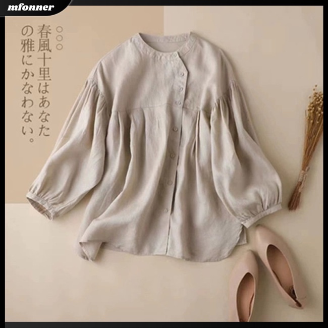 Áo Cardigan Cotton Lanh Cổ Tròn Tay Phồng Dáng Rộng Màu Trơn Thời Trang Cho Nữ