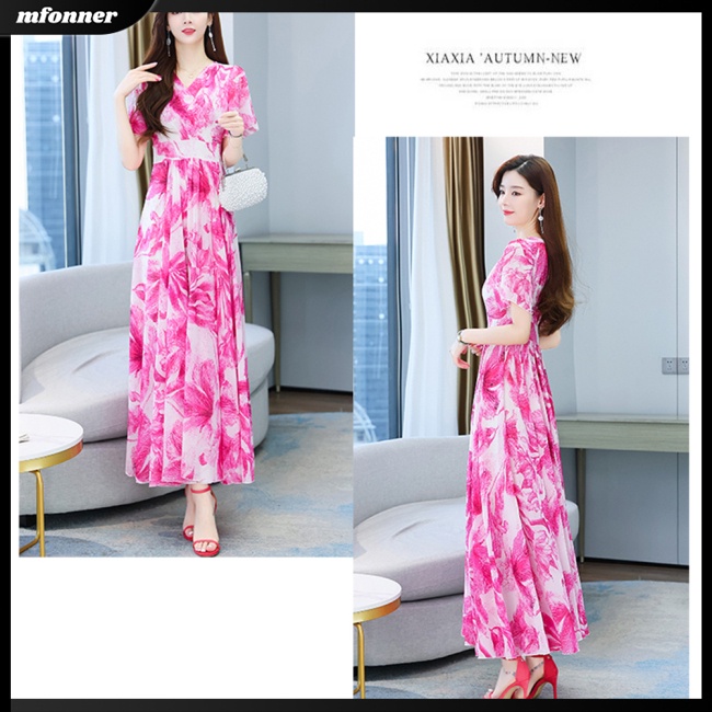 Đầm Hoa Tay Ngắn Cổ Chữ V Dáng Xòe Thời Trang Cho Nữ