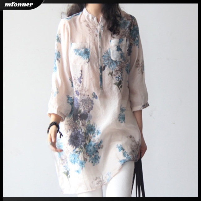 Áo Sơ Mi Cotton Lanh Ngắn Tay Họa Tiết Hoa Thời Trang Cho Nữ