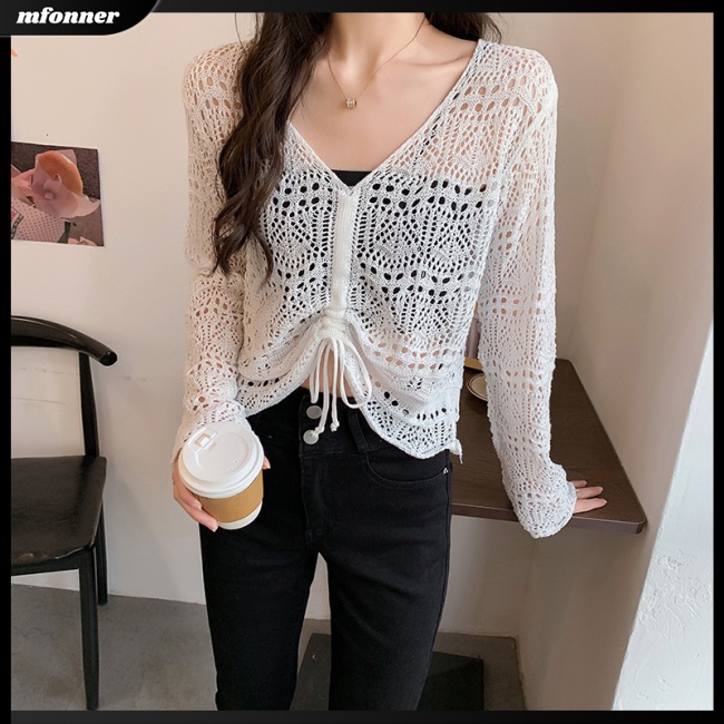 Áo Kiểu Dệt Kim Tay Dài Dáng Rộng Cổ Chữ V Phối Dây Rút Thời Trang Cho Nữ