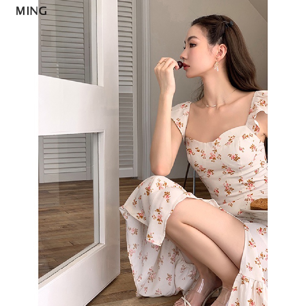 Đầm Midi Không Tay Viền Bèo Lá Sen Họa Tiết Hoa Phong Cách Vintage Nữ Tính Ngọt Ngào