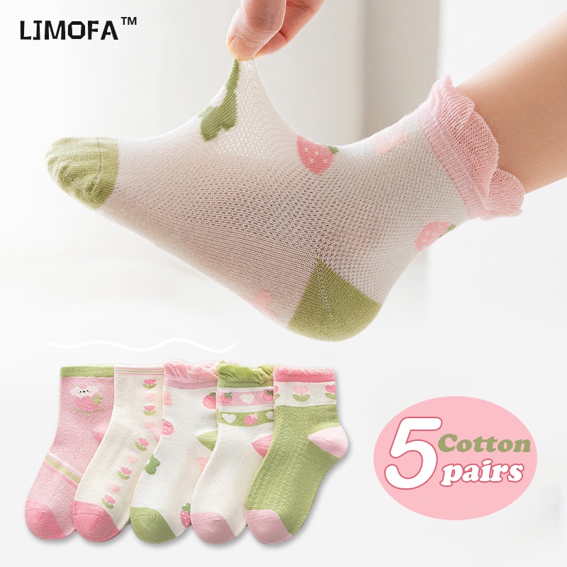 LJMOFA Set 5 Đôi Tất Cotton Phối Lưới Thoáng Khí Trọng Lượng Nhẹ In Họa Tiết Hoa Dễ Thương Cho Bé Gái 1-12 Tuổi