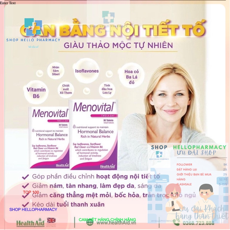 Viên Nội Tiết Tố MENOVITAL chiết xuất hoa Hoa Anh Thảo [Chính hãng Anh]
