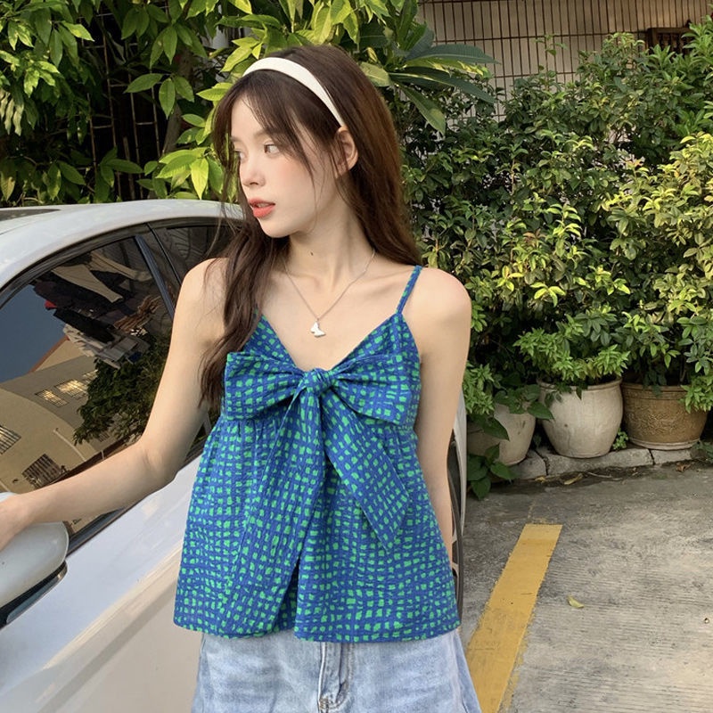 [LININ] Áo Lót Ngắn Hai Dây Cổ Chữ V Thắt Nơ Họa Tiết Sọc Caro Cho Nữ