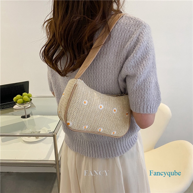 Túi Xách Đan Rơm Đính Hoa Cúc Thời Trang Cho Nữ