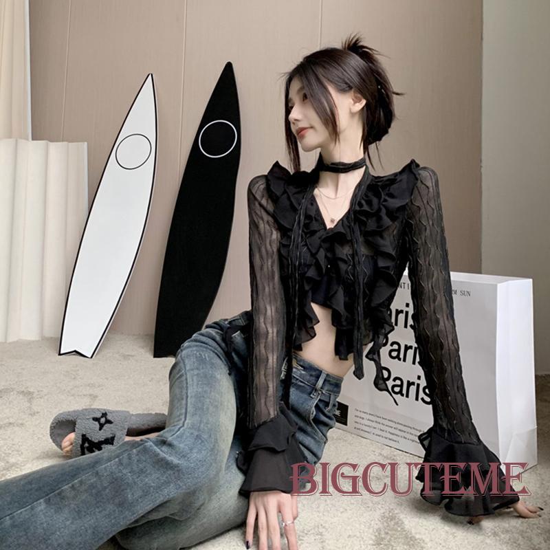 Áo Lưới Tay Dài Cổ Chữ V Màu Đen Thời Trang Xuân Hè Dành Cho Nữ