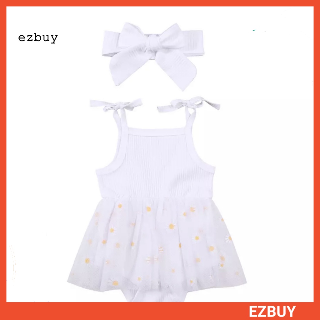 [EY] Bộ Áo Liền Quần Màu Trơn Thắt Nơ In Hoa Phối Lưới Kèm Băng Đô Cài Tóc Cho Bé Gái