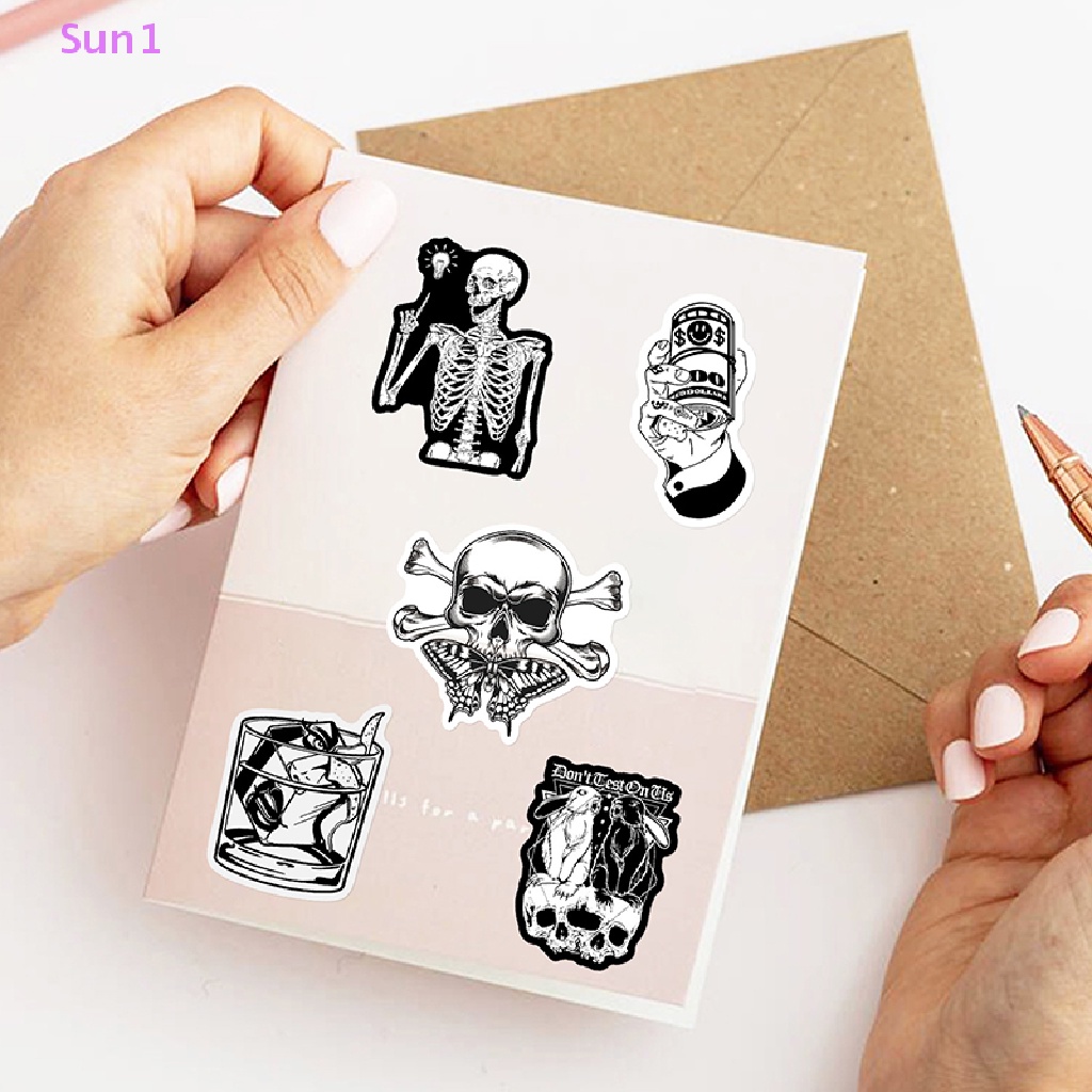 Set 50 Sticker Màu Trắng Đen Phong Cách Gothic Dùng Để Trang Trí Ván Trượt