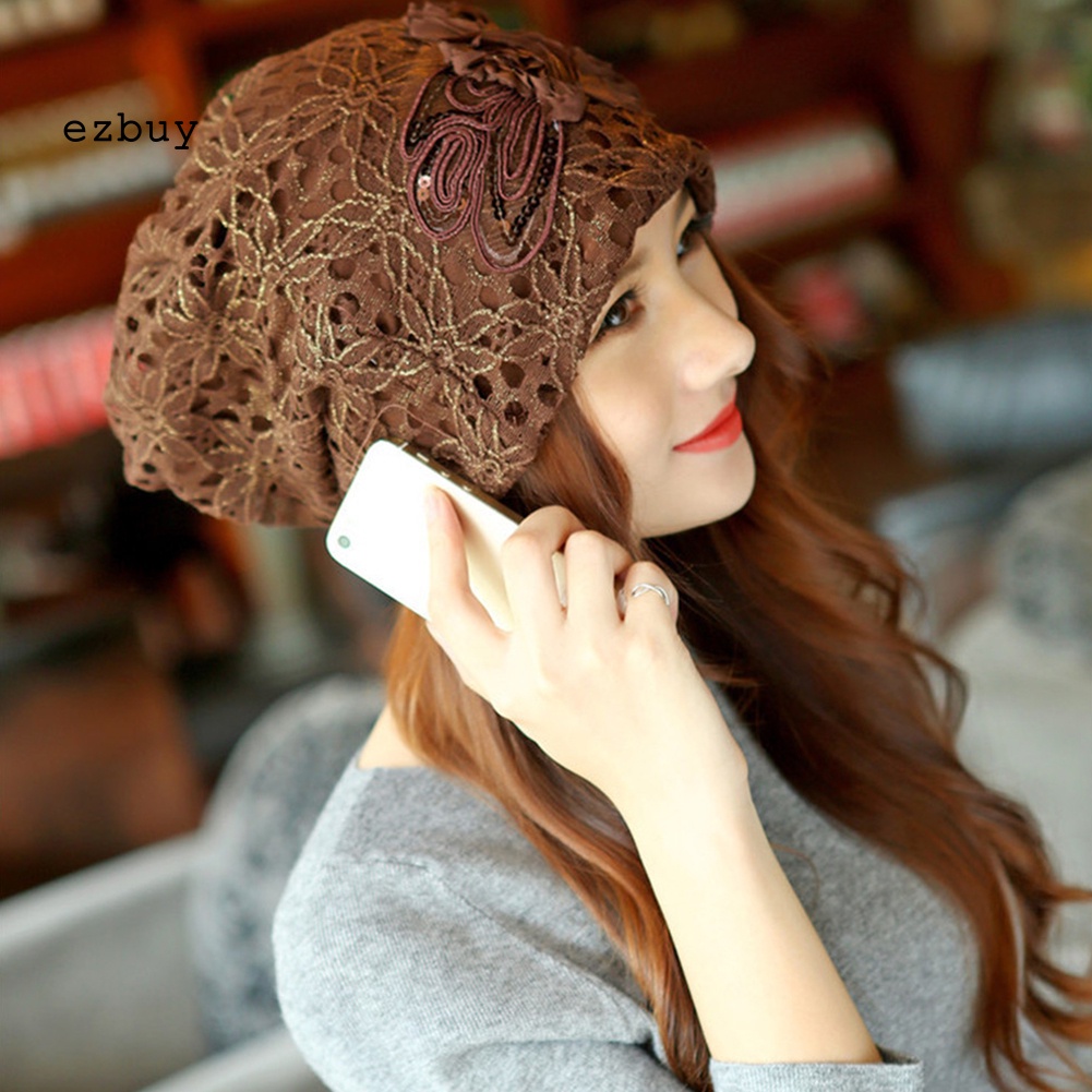 Mũ Trùm Đầu Giữ Ấm Chống Gió Phối Ren Hoa Thời Trang Cho Nữ