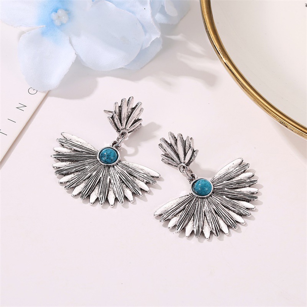 Xia XIA| Bông Tai Hình Quạt Đính Đá Ngọc Lam Giả Phong Cách Vintage