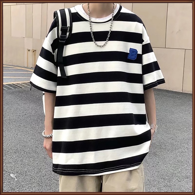 Áo Thun Tay Lỡ Cổ Tròn Họa Tiết Kẻ Sọc Thoáng Khí Thời Trang Mùa Hè Cho Nam