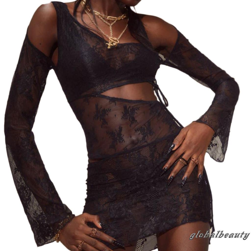 Gb-đầm Nữ Một Mảnh Tay Dài Màu Trơn Phối Ren Nhìn Thấy Thời Trang Mùa Hè S / M / L