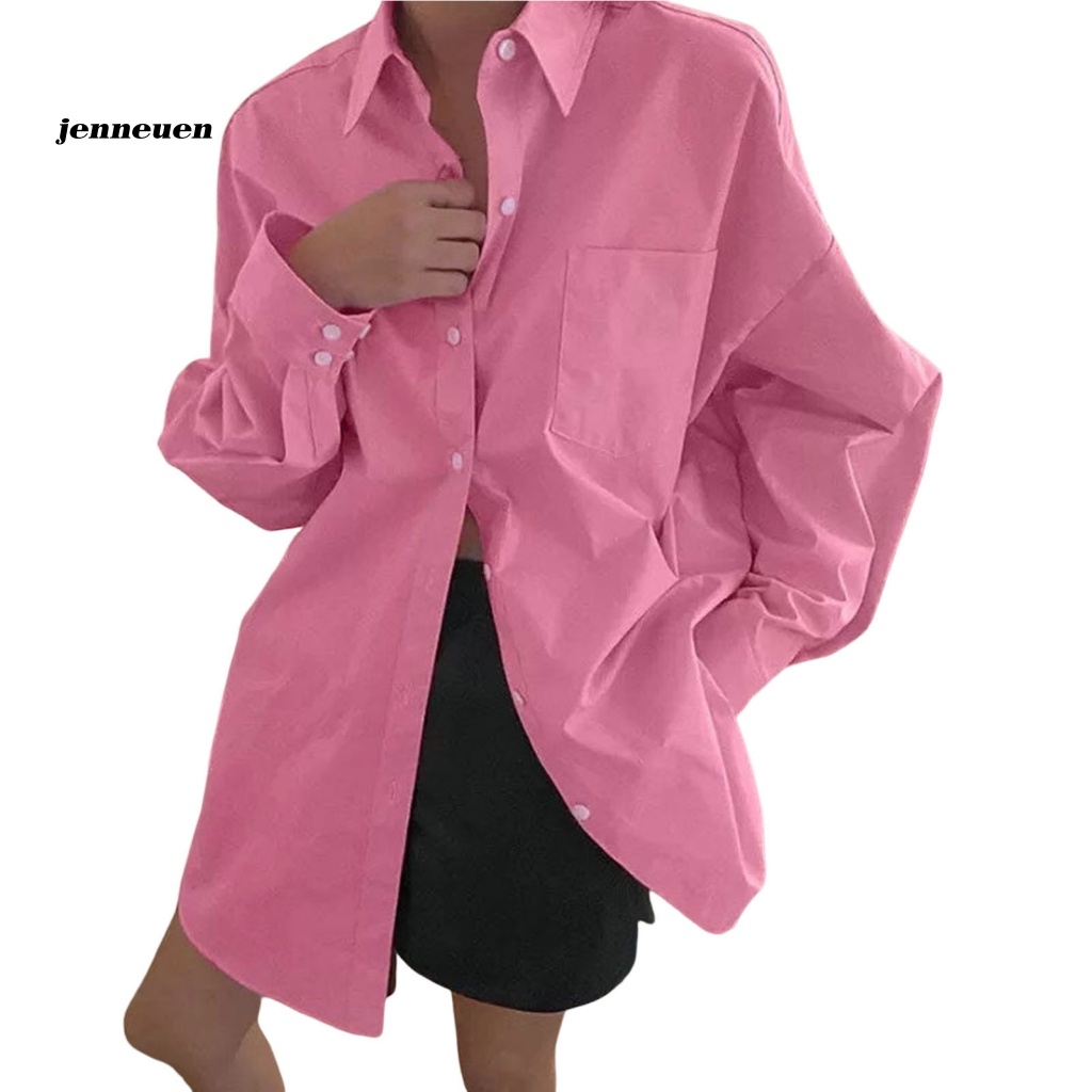 Áo Sơ Mi Dài Tay Màu Trơn Có Túi Thời Trang Cho Nữ