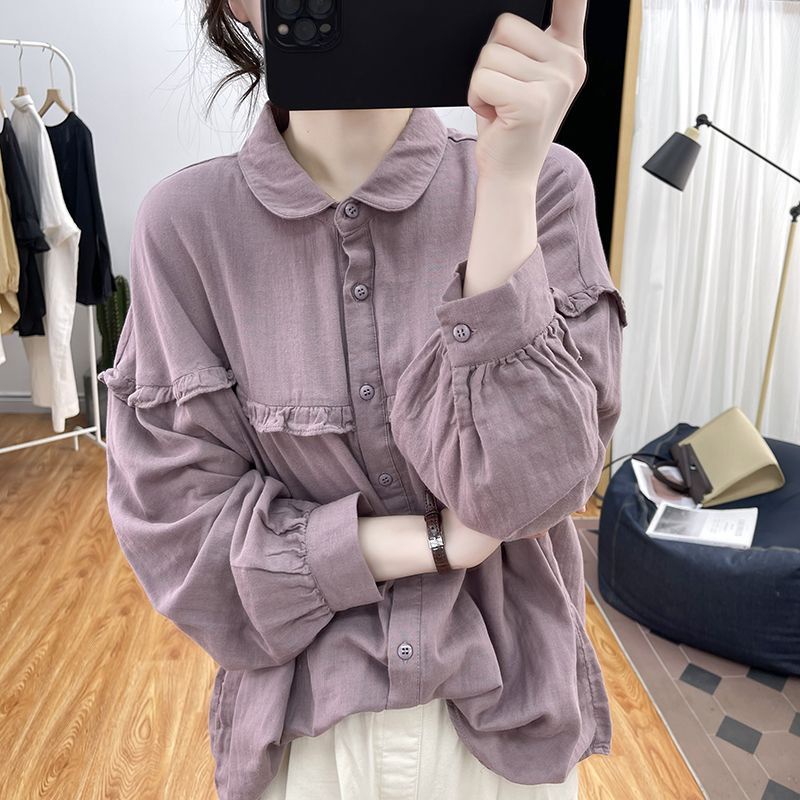 Áo Sơ Mi Cotton Lanh Tay Phồng Dài Cổ Bèo Thời Trang Xuân Thu Dành Cho Nữ