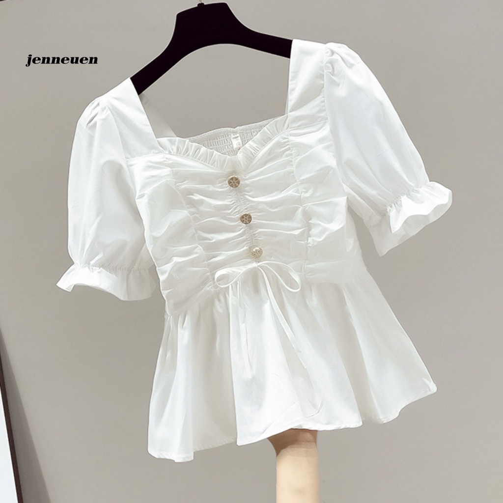Áo Kiểu Tay Ngắn Phồng Cổ Vuông Phối Bèo Ngọt Ngào Thời Trang Cho Nữ
