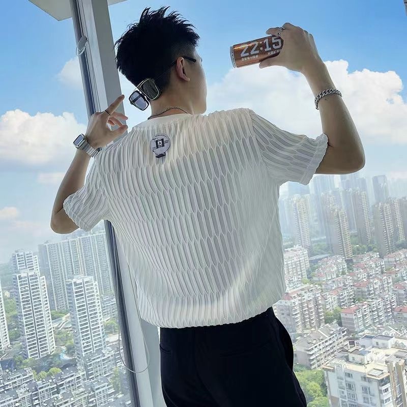 Áo Thun Cotton Kẻ Sọc Caro Cổ Chữ V Nhanh Khô Phong Cách Đường Phố Cho Nam Y2k