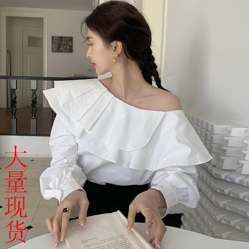 Áo Sơ Mi Tay Dài Một Bên Vai Dáng Rộng Phong Cách Hàn Quốc Dành Cho Nữ