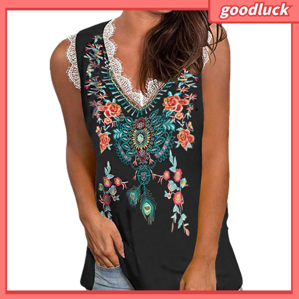 Áo Sát Nách Cổ Chữ V Phối Ren In Họa Tiết Hoa Phong Cách Đường Phố Thời Trang Mùa Hè