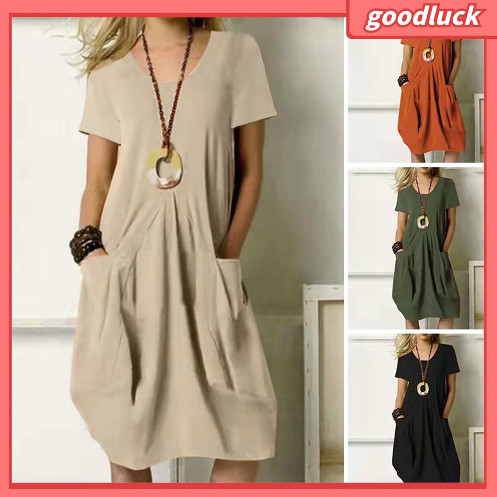 Đầm Tay Ngắn Cổ Tròn Màu Trơn Dáng Rộng Thời Trang Mùa Hè Xinh Xắn Cho Nữ