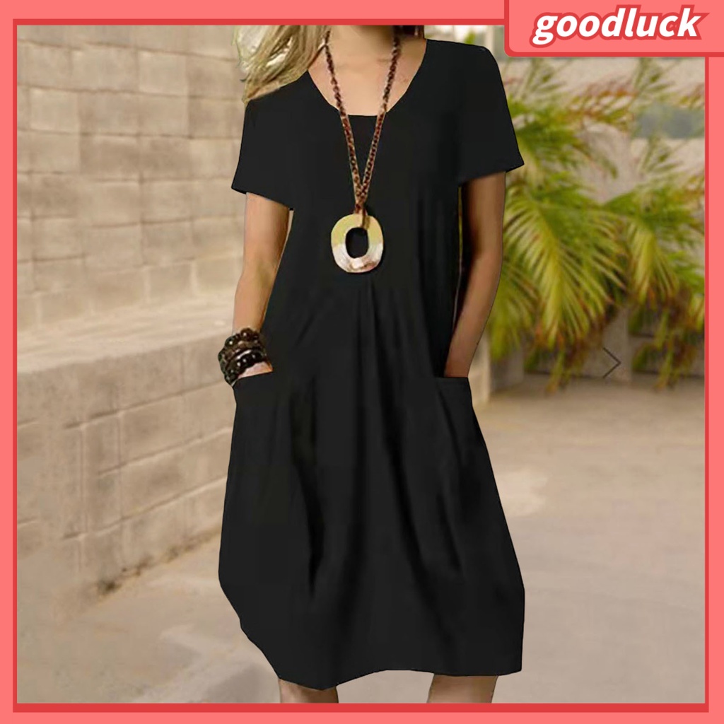 Đầm Tay Ngắn Cổ Tròn Màu Trơn Dáng Rộng Thời Trang Mùa Hè Xinh Xắn Cho Nữ