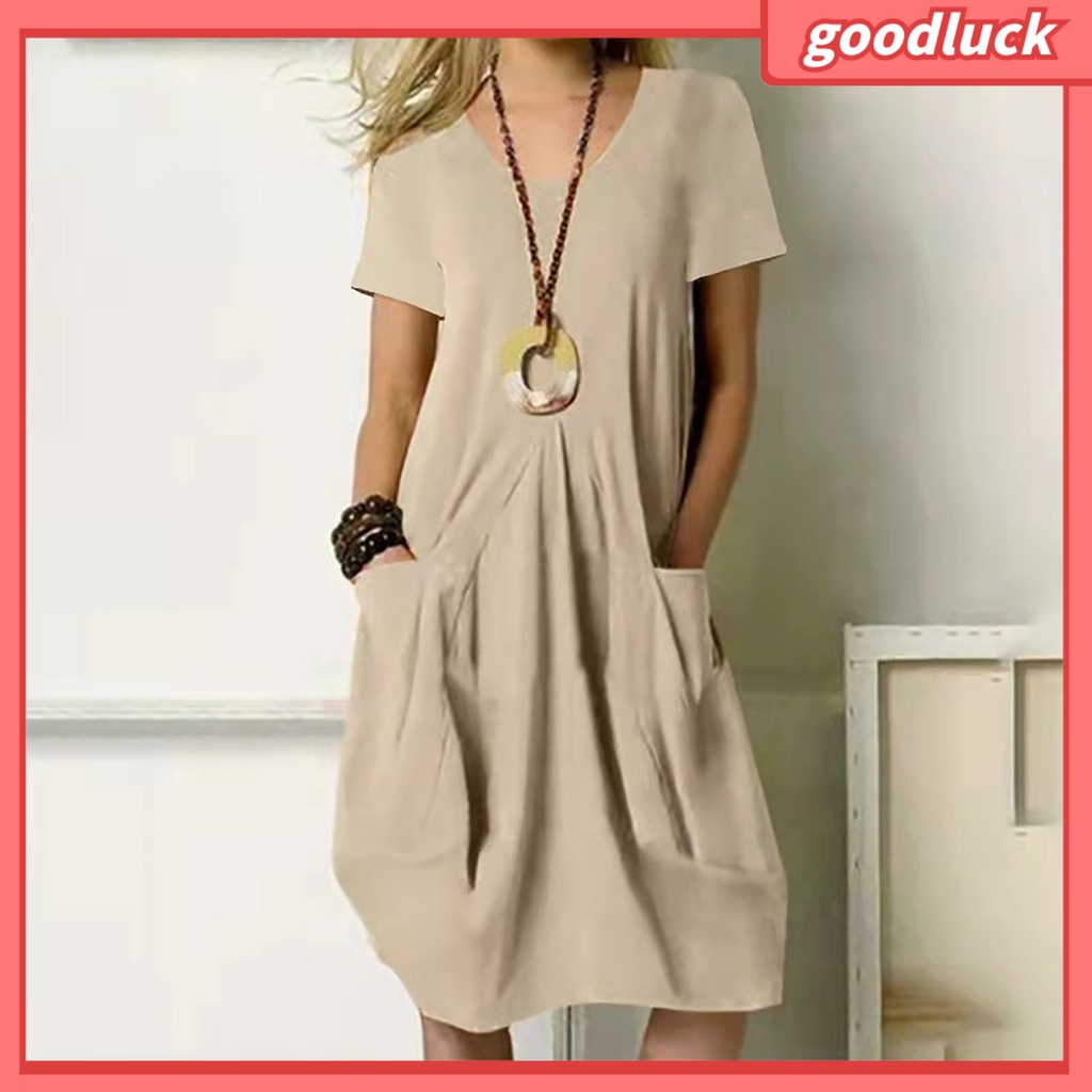 Đầm Tay Ngắn Cổ Tròn Màu Trơn Dáng Rộng Thời Trang Mùa Hè Xinh Xắn Cho Nữ
