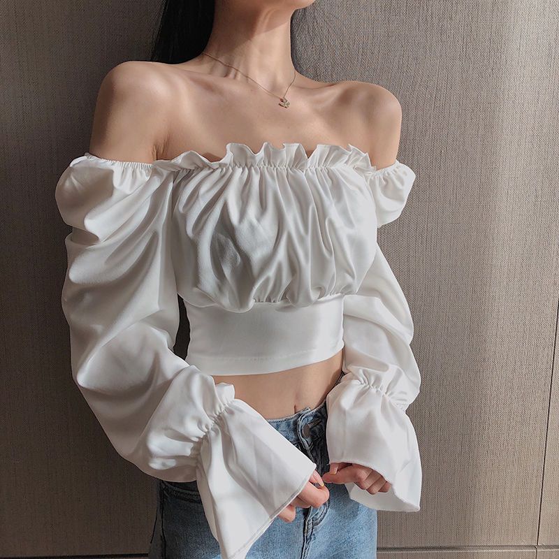 IELGY   Áo chiffon Tay Dài Phồng Cổ Vuông Lưng Phong Cách Hàn Quốc Thời Trang Cho Nữ