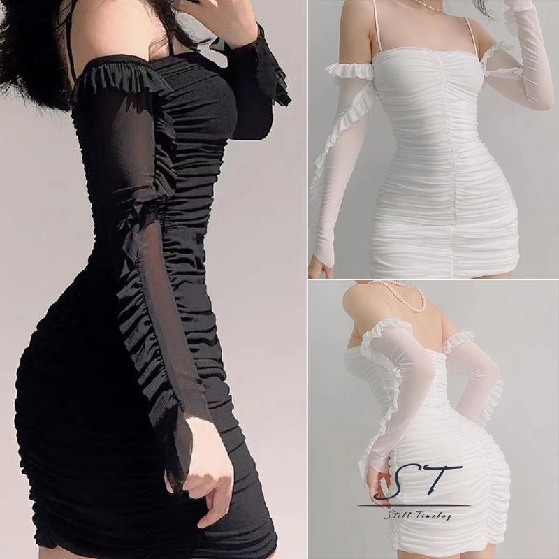 Cy03-đầm Ôm Dáng Tay Dài Cổ Thuyền Hở Lưng Phối Lưới Xuyên Thấu Màu Trơn Cho Nữ