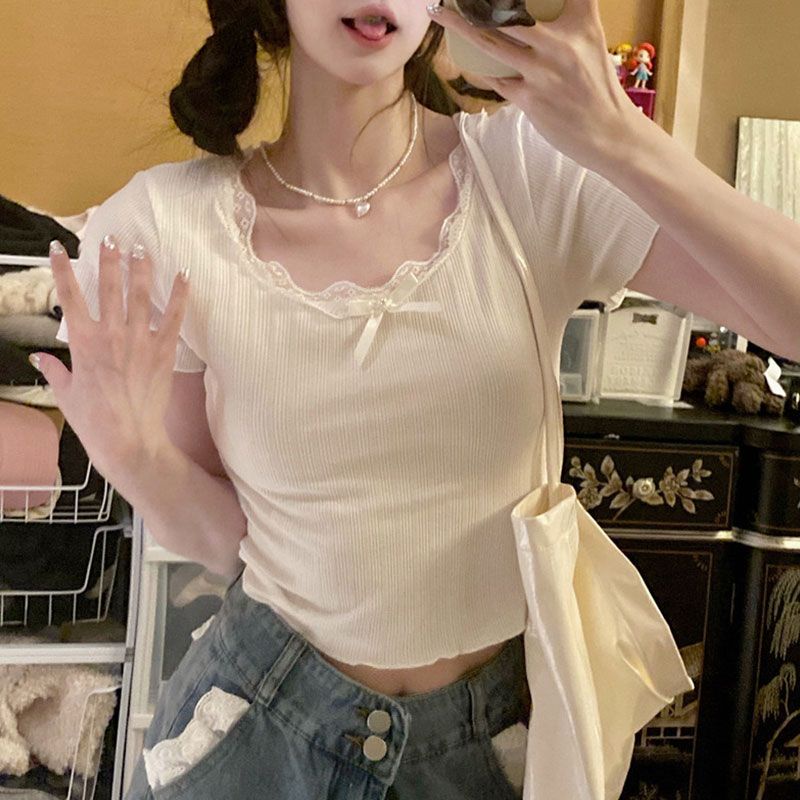 Áo Thun Tay Ngắn Dáng Ôm Phối Ren Thời Trang Mùa Hè Xinh Xắn Cho Nữ