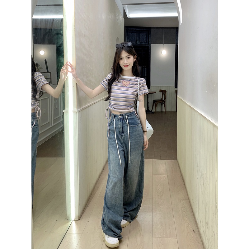 Áo Thun Ngắn Tay Khoét Lỗ Họa Tiết Sọc Hình Bướm Thời Trang Dành Cho Nữ