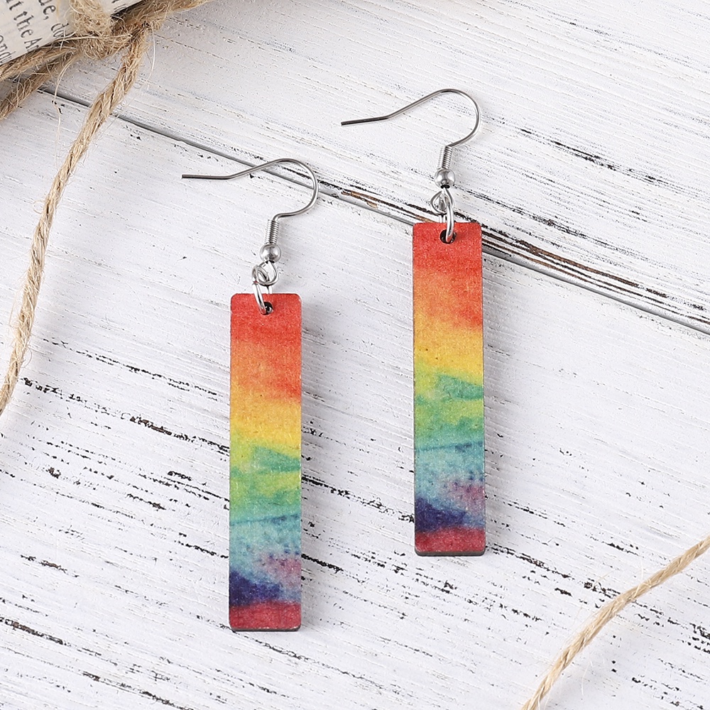 Khuyên Tai Mặt Gỗ Hình Học Họa Tiết Tranh Sơn Dầu Màu Gradient Cầu Vồng Phong Cách Vintage Yanqueens