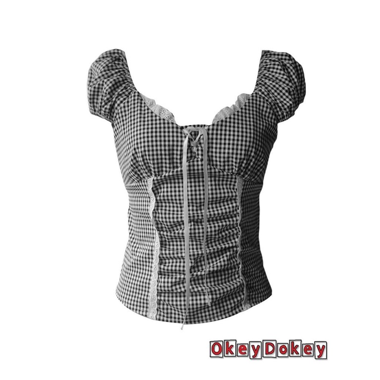 Áo Kiểu Tay Phồng Cổ Thuyền Phối Ren Họa Tiết Kẻ Sọc Phong Cách Cổ Điển Thời Trang Cho Nữ Y2K