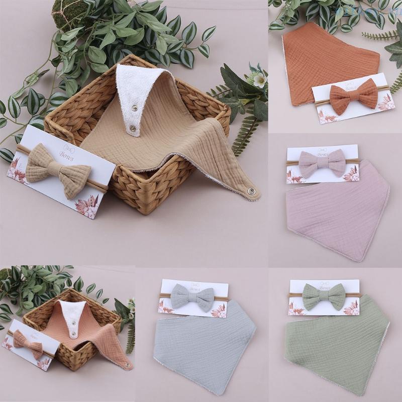 Khăn Quấn Đầu Bằng Vải Cotton Mềm Màu Trơn Đính Nơ Hình Tam Giác Cho Bé Sơ Sinh