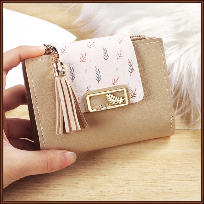 Ví Da Pu Ngắn Dạng Gập Có Mặt Dây Tua Rua Thời Trang Cho Nữ Giá Đỡ