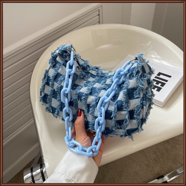 Túi Đeo Vai Họa Tiết Sọc Caro Chất Liệu Denim Thời Trang Mùa Hè Cho Nữ