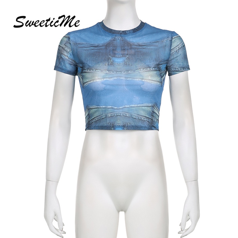 Áo Thun Crop Top Tay Ngắn Cổ Tròn Dáng Ôm In Họa Tiết Giả Denim Thời Trang 2023 Cho Bạn Gái