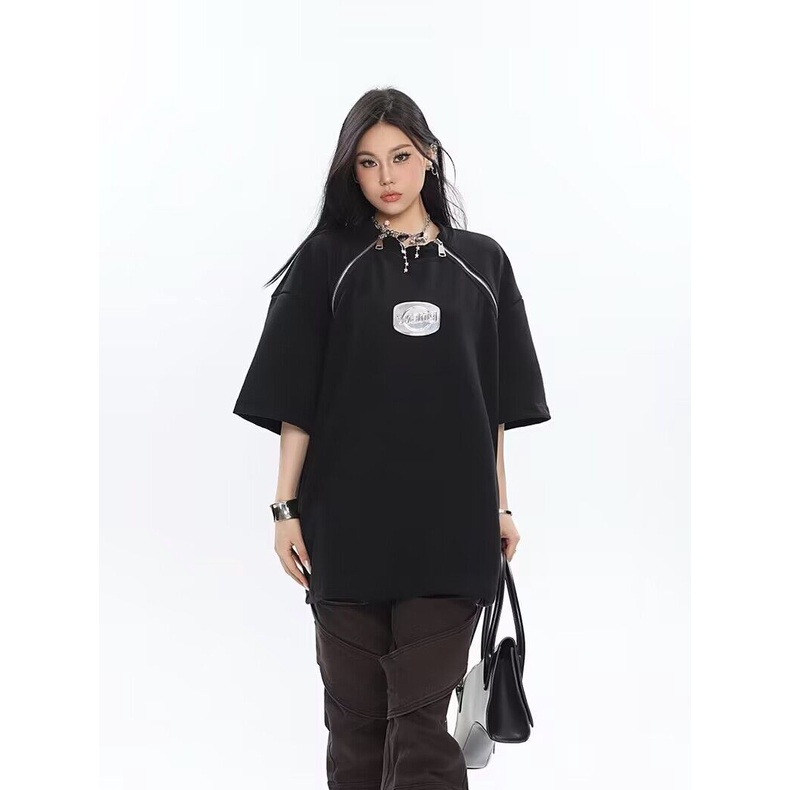 Áo Thun Tay Ngắn Cổ Tròn Có Khóa Kéo Thiết Kế Đường Phố Phong Cách Hàn Quốc Thời Trang Mùa Hè Mới Cho Nam Và Nữ