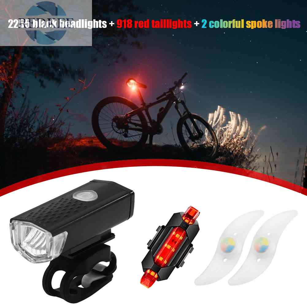 Set Đèn Pha Trước + Đèn Hậu 918 Màu Đỏ + 2 Đèn Căm Nhiều Màu Cho Xe Đạp Leo Núi