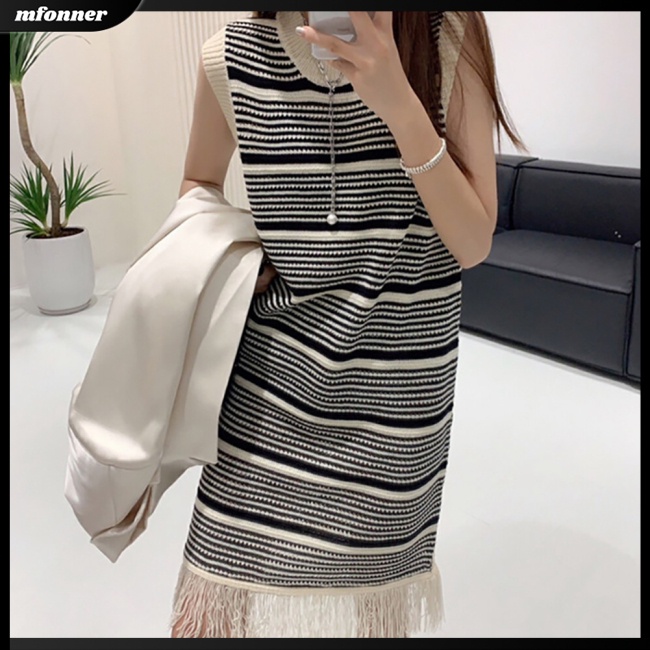 Đầm Dệt Kim Sát Nách Dáng Rộng Cổ Tròn Viền Tua Rua Màu Sắc Tương Phản Thời Trang Mùa Hè Cho Nữ