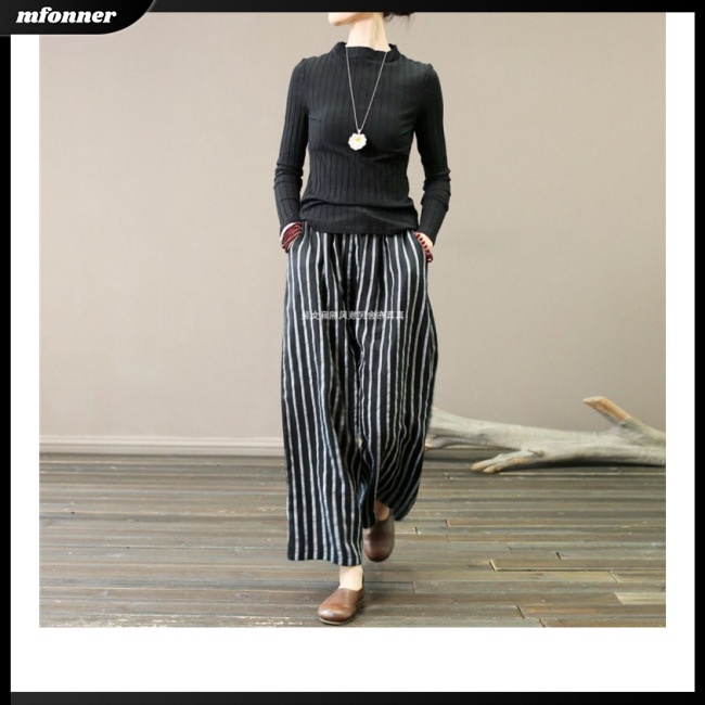 Quần Cotton Lanh Ống Rộng Thoáng Khí Họa Tiết Kẻ Sọc Hợp Thời Trang Cho Nữ