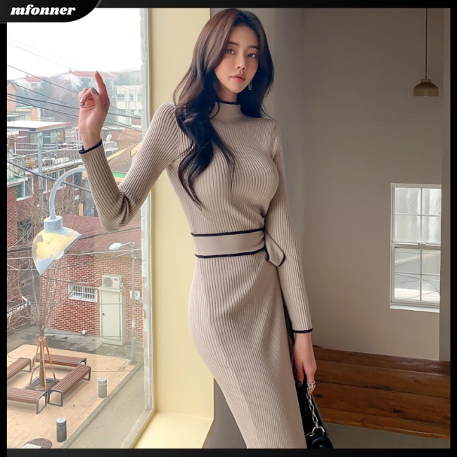 Đầm Dệt Kim Tay Dài Cổ Đứng Ôm Dáng Phối Dây Cột Thanh Lịch Cho Nữ